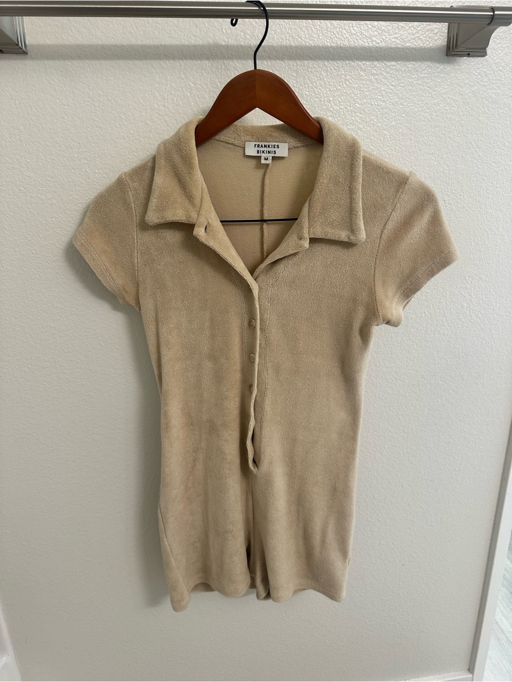 Frankie's Bikinis Beige Short-Sleeve Terry Button-Front Romper